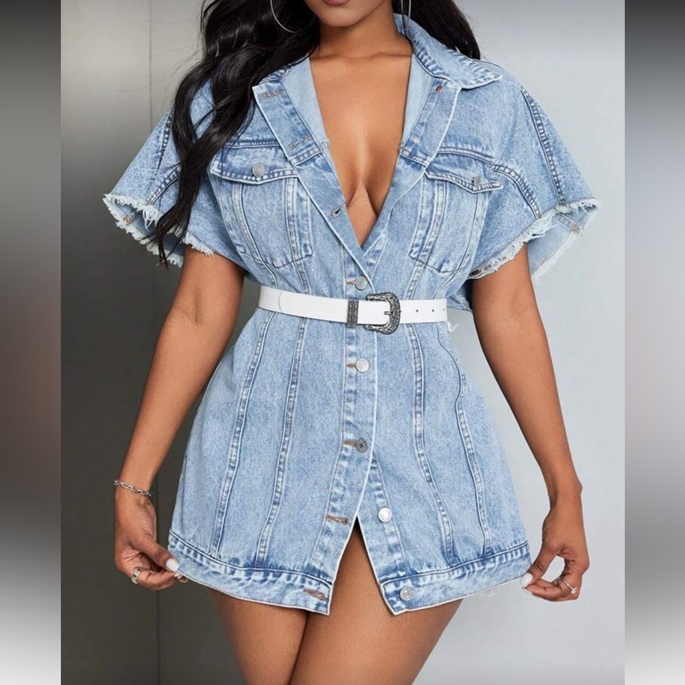 Stylish Denim Button-Up Dress with Belt